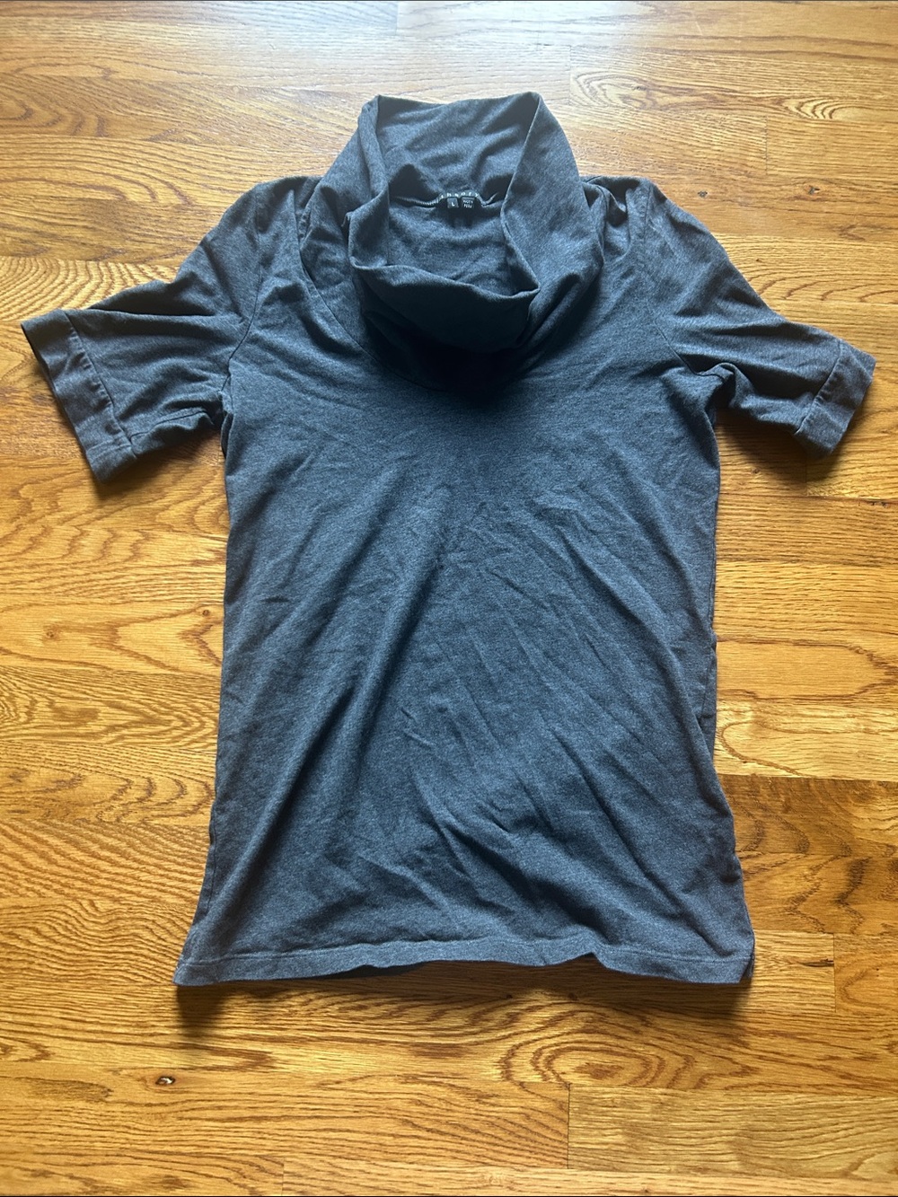 Theory Short Sleeve Cowl Neck Top in Charcoal Gray